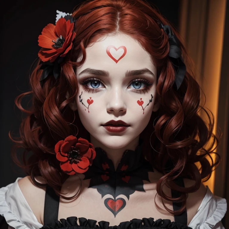 a woman with a red flower in her hair, by reyna rochin, tumblr, skull face paint, beautifull lovely eyes, trick or treat, eyes. dark colors, cute bandaid on nose!!, white face, red hair, great pinterest photo, description, big head, couster, heard on her head, short afro hair, red heart, cards, queen, curly hair