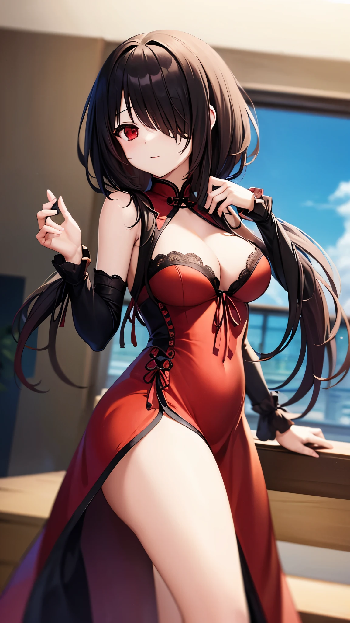 (((masterpiece))),(((best quality))),(((extremely detailed))),illustration,who, (masterpiece, top quality, best quality, official art, beautiful and aesthetic:1.2),(8k, best quality, masterpiece:1.2), tokisaki kurumi, black hair, low twintails, (hair over one eye:1.5), (red eyes:1.2), (small breast:1.2), bare shoulders, thighs, detached sleeves, hair bun, double bun, chinese clothes, china dress, upload to tiktok