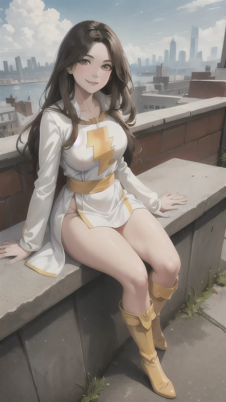 masterpiece, Best quality, Mary Marvel, white raincoat, Red dress, Red dress, long sleeves, bracket, big breasts, smile, I look at the viewer, Cityscape, roof, smile, Yellow Boots, sitting, sexy, vulva, beaging