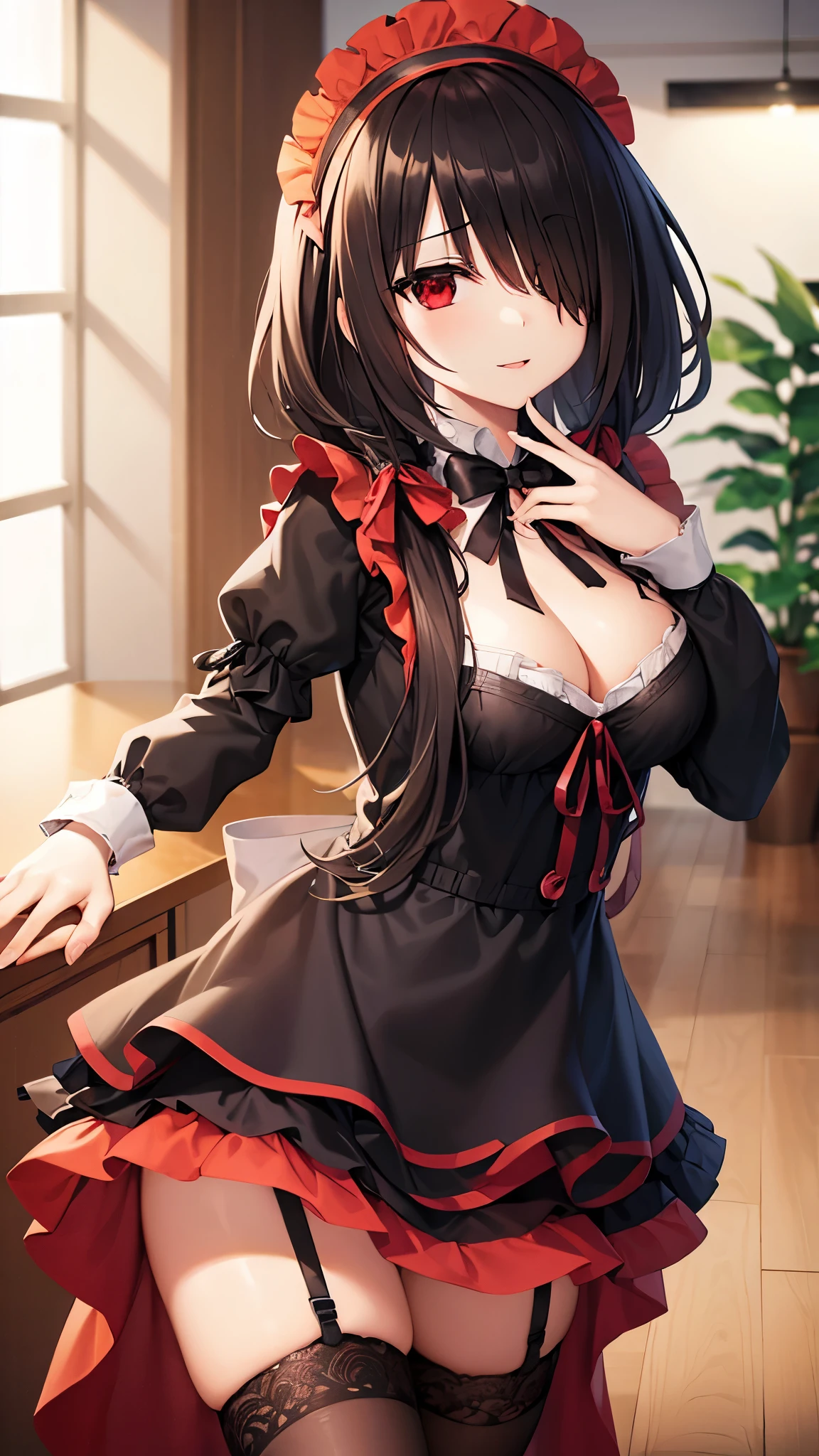 (((masterpiece))),(((best quality))),(((extremely detailed))),illustration,who, (masterpiece, top quality, best quality, official art, beautiful and aesthetic:1.2),(8k, best quality, masterpiece:1.2), tokisaki kurumi, black hair, low twintails, (hair over one eye:1.5), (red eyes:1.2), (small breast:1.2), thighhighs, bow, ribbon, cleavage, frills, apron, white thighhighs, wrist cuffs, maid, maid headdress, garter straps, upload to tiktok