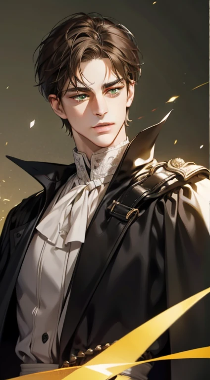 masterpiece, best quality, realistic, 1man, mature male, quiet and charming young man, 25years old, a smirk, closed mouth, portrait, extremely detailed face, a little distant, ((green eyes)), ((short-right-swept dark brown hair)), [thick eyebrows], dark palace, ((long black cape)), (evil), ((all black)), handsome male