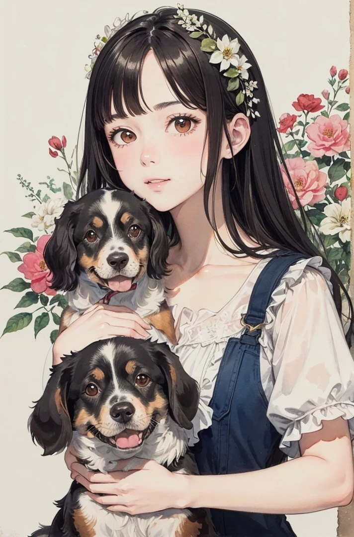 (masterpiece、highest quality、highest quality、Beautiful and beautiful:1.2)、Good anatomy、（watercolor1.5）、（Pigment Thin 1.5）、Drawing of a girl with short hair、holding dog 、Dutch Decoy Spaniel_Brown、put flowers and leaves on your head、Tulips