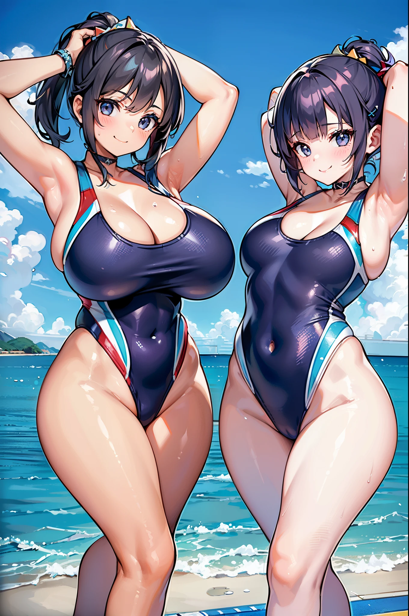 (from directly above:1.5),(twins:2.0),(2 female), (2 girls:2.0),(2 wonen:2.0),(Smile Beam:1.5),((blue competition swimsuit:2.0)),((High leg:1.5), (twins:2.0),20 years old,masterpiece,hyper quality, very detailed,perfect picture,3D,8k,High resolution,seductive anime girl, medium hair:1.3,black hair,(black eye:1.5),sporty hairstyle,Smooth anime CG art, (twins:2.0),