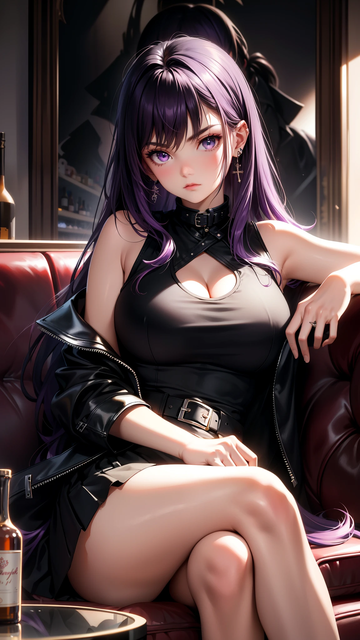 (best quality:1.1), (Masterpiece:1.2), high quality light, beautiful details, Beautiful face, detailed eyes, depth of field, high resolution, best shadow, best light, 1 girl, see the audience, shiny purple hair, smooth, blunt, long hair, Wavy Hair, ruby pink ดวงตา, shy, very big breasts, pump, (((White singlet))), black leather jacket coat, black leather skirt, table, mirror, liquor bottle, night time, rift, Fierce eyes, pub bar background, sexy, cool, throw, Cool ,Ear jewelry, Sitting cross-legged, sofa, Fascinating