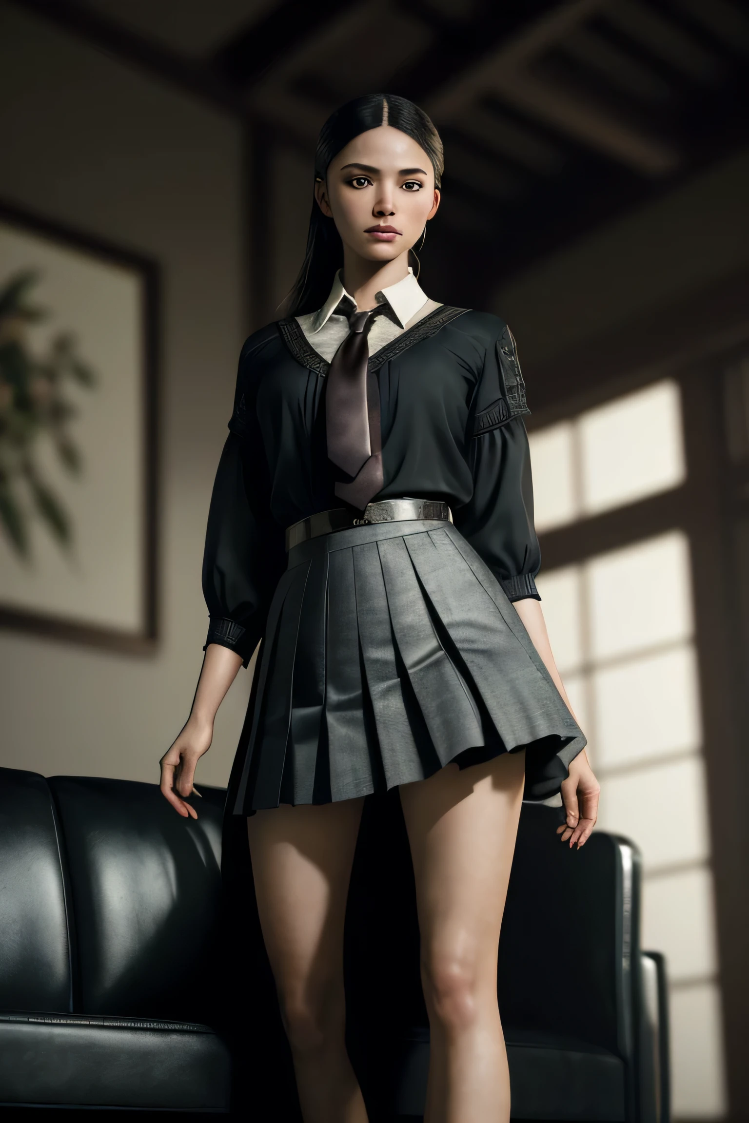 (masterpiece), (extremely intricate:1.3), (realistic), portrait of a girl, (dark fantasy, gore), (dynamic perspective), the most beautiful in the world, (kick viewers), indoors, from below, shirt, tie, pleated skirt, high-heeled sandals, smirk, distant couch, Hirosaki, Aomori, professional photograph of a stunning woman detailed, sharp focus, dramatic, award winning, cinematic lighting, octane render unreal engine, volumetrics dtx, (film grain, blurry background, blurry foreground, bokeh, depth of field)