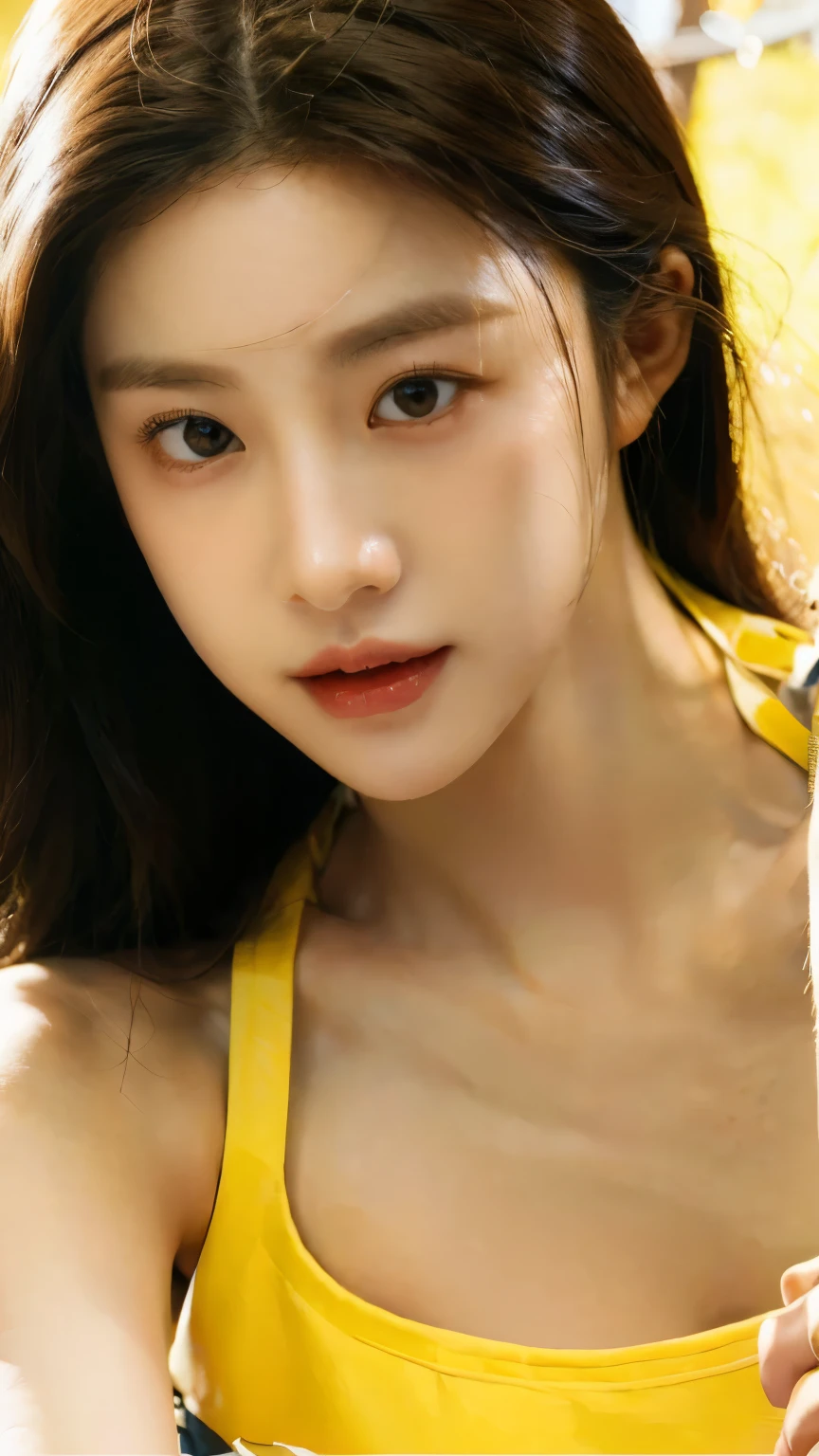 Single Korean girl, 27 years old., be a good girlfriend, cute, Beautiful beyond description., pov kissing, She is making a kiss., smile a little, The face is very close., Two hands reaching towards the camera, She kisses the camera, first person, yellow crop top