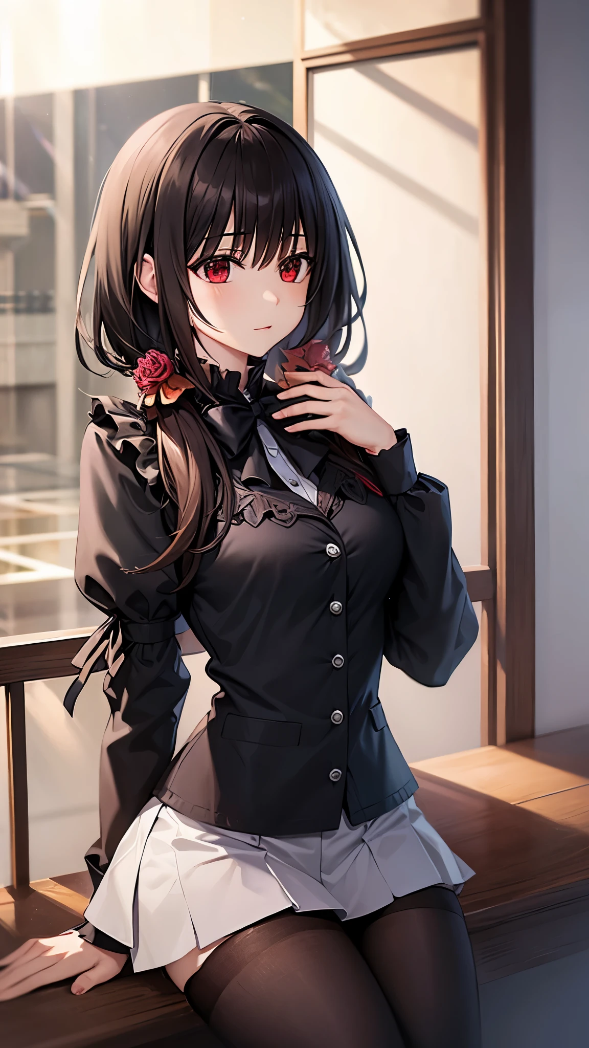 (((masterpiece))),(((best quality))),(((extremely detailed))),illustration,who, (masterpiece, top quality, best quality, official art, beautiful and aesthetic:1.2),(8k, best quality, masterpiece:1.2), KurumiBlack, hair over one eye, low twintails, hair bow, black dress