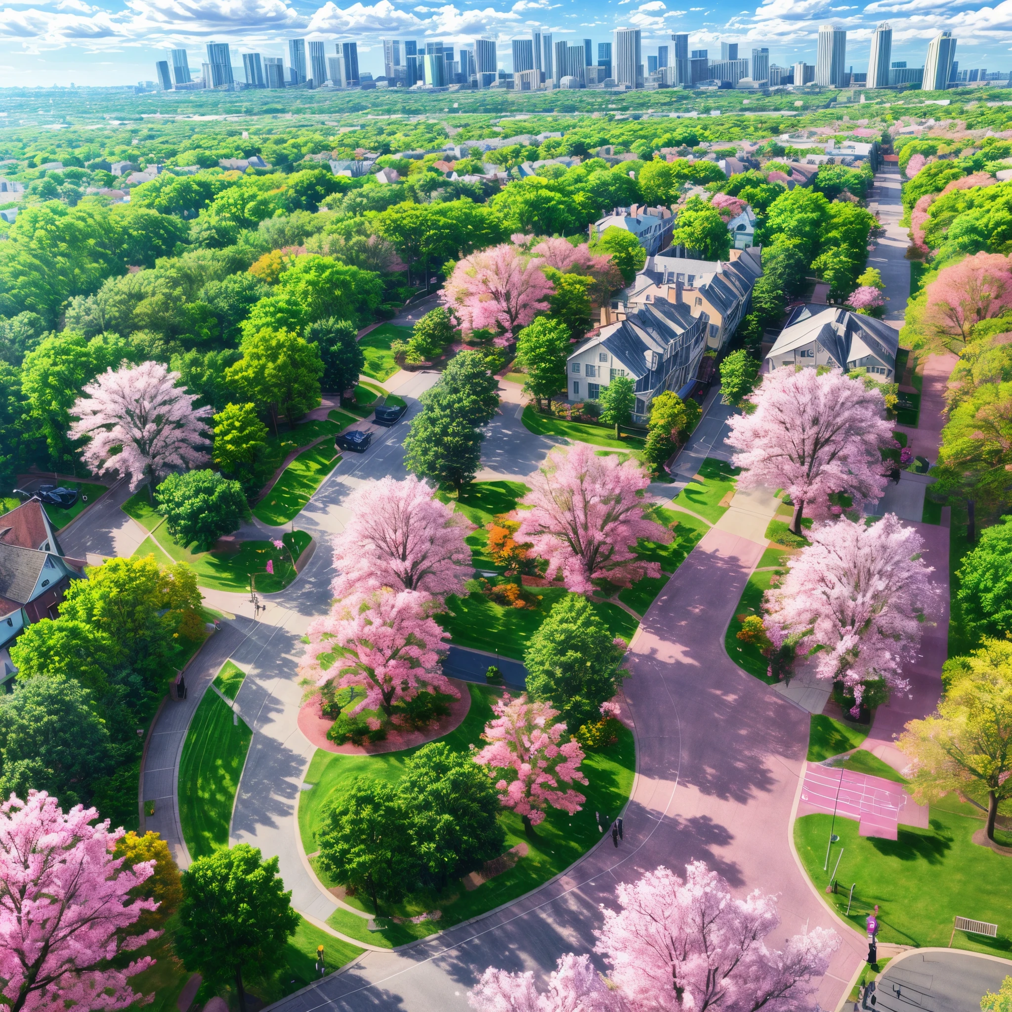 the landscape of the town, green and pink trees, spring, flowers bloom, beautiful, anime style; American style; not very bright; bird's eye view; gloomy, dim