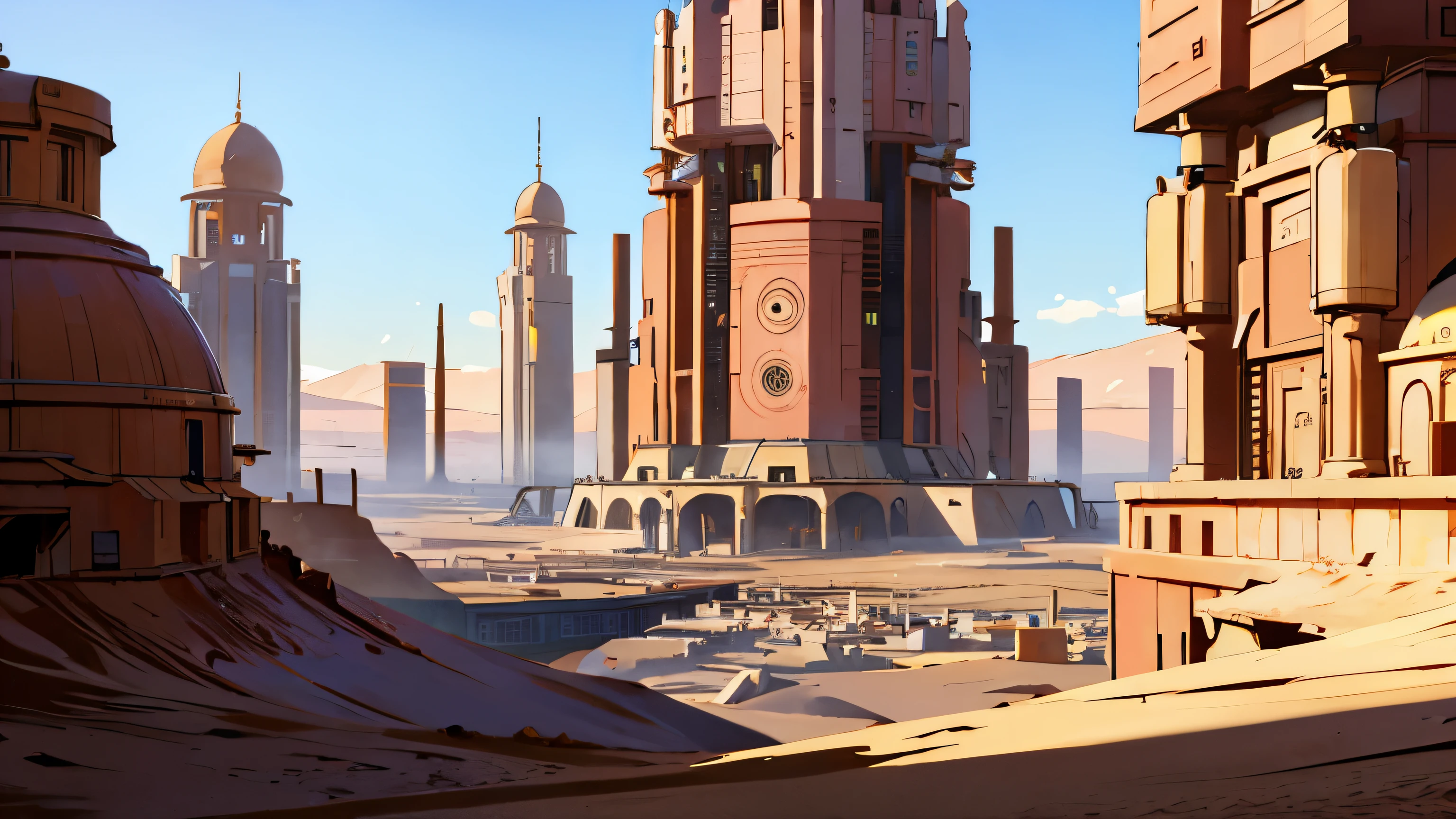 A extra wide desert with a lot of future City , outdoor , StarWars style , no people