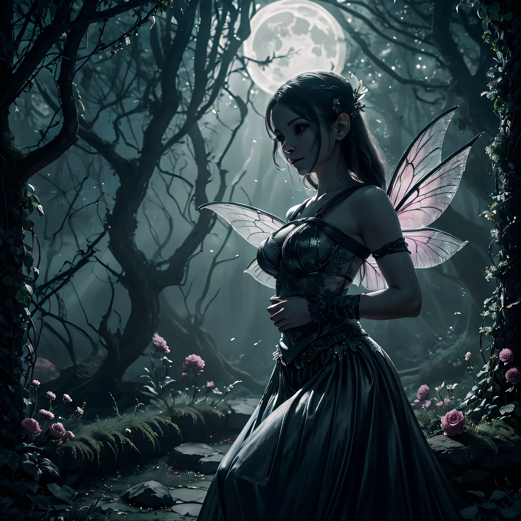 A beautiful fairy bound and gagged, wearing a sheer skirt, in a grayscale fantasy world (best quality, high-res, grayscale:1.2), ultra-detailed, with a touch of darkness and mystery (horror, fantasy). The fairy's delicate wings are shimmering under a soft moonlight (moonlit), casting an ethereal glow. The scene is adorned with delicate flowers, intertwined with thorny vines (enchanted garden), creating a sense of enchantment and danger. The fairy's eyes are filled with both fear and a glimmer of hope (expressive eyes), while her lips are gently pressed together, revealing her silent determination (determined expression). The atmosphere is filled with tension and anticipation, as if something magical is about to happen. The lighting is dramatic, creating deep shadows and highlighting the fairy's fragile form (dramatic lighting, contrast). Overall, the image exudes a haunting yet captivating vibe, inviting the viewer into a mysterious and mesmerizing fantasy realm.