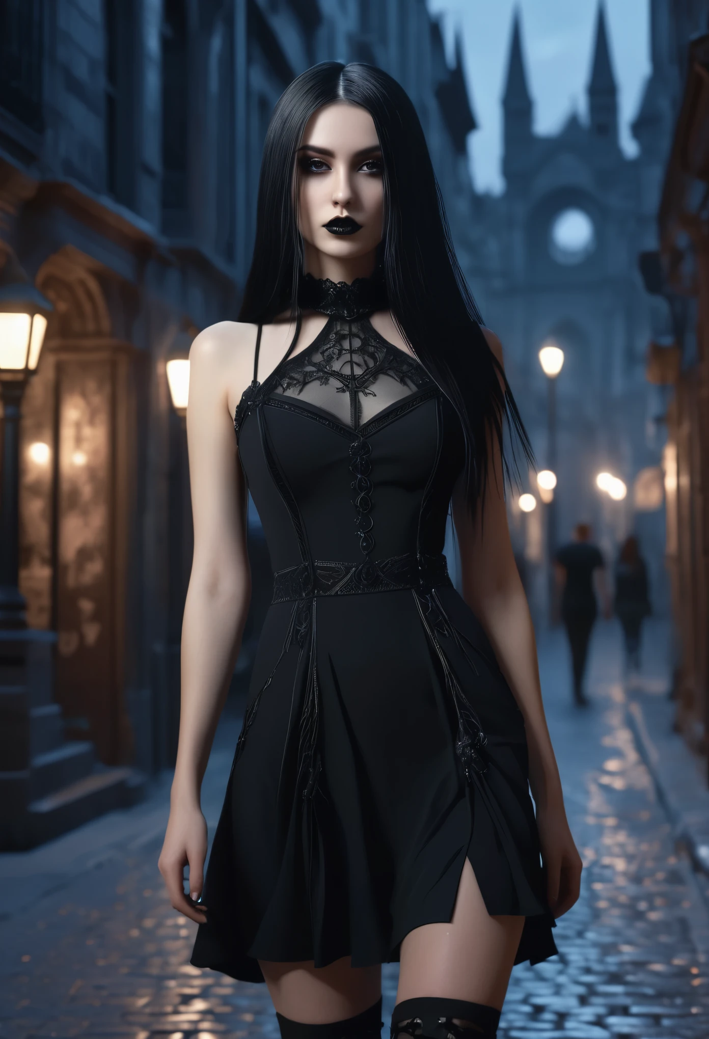 An ultra detailed, a beautiful goth girl with long straight hair in a short black dress is walking through a gothic city, moonlight, gothic fashion, dark fantasy style, hyper realistic, realism, digital art, cinematic, perfect contrast, high sharpness, depth of field, ultra detailed photography, global illumination, smooth, ultra high definition, 8k, unreal engine 5, ultra sharp focus, award winning photograph