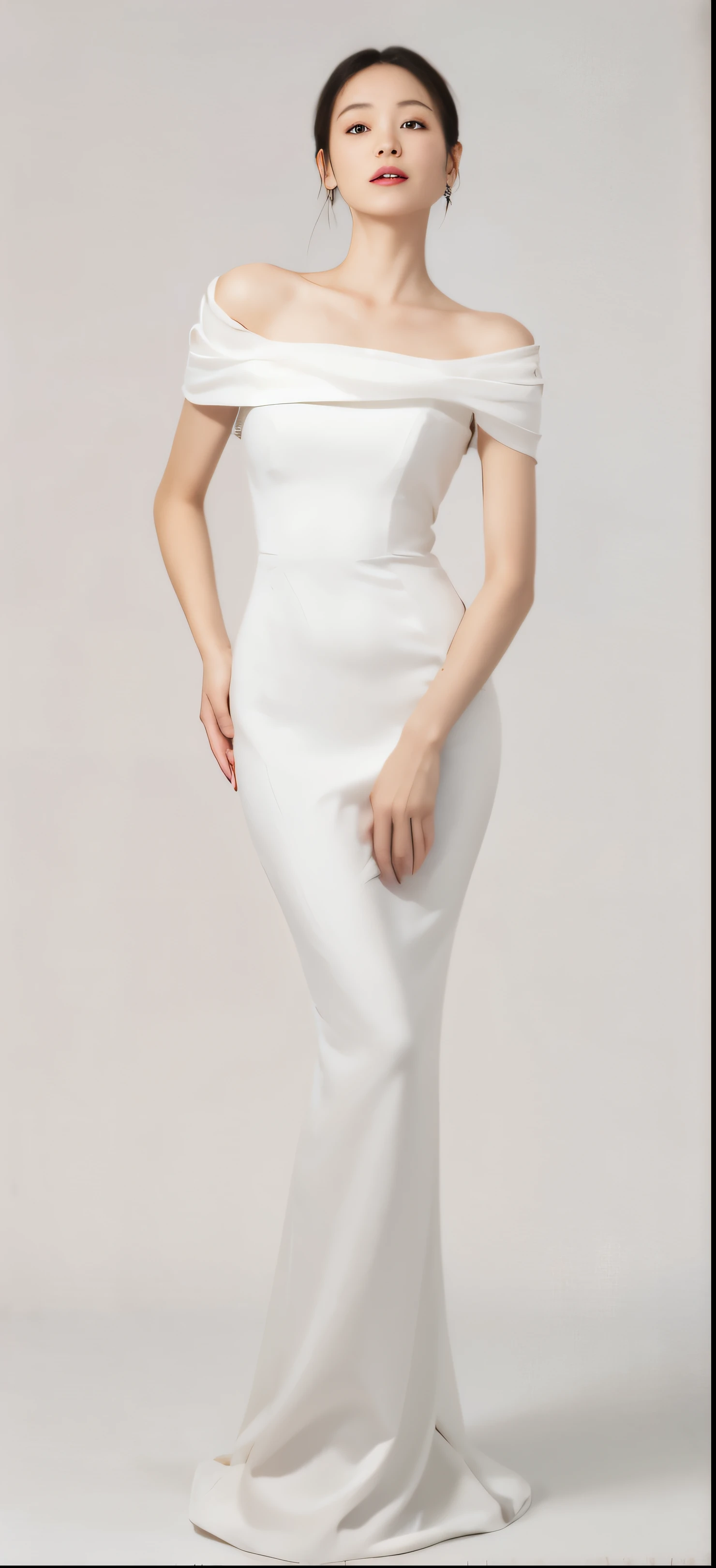 A woman in a white dress poses for a photo, white robe, Home, frontal pose, Wearing an ivory dress, Smooth white, Asymmetry of Grace, grace, benjamin vnuk, wear robe, sha xi, full body view, Ivory white skin, Wearing a stunning ivory dress, Nicola, 3/4 front view, EUR, Yasumoto Oka