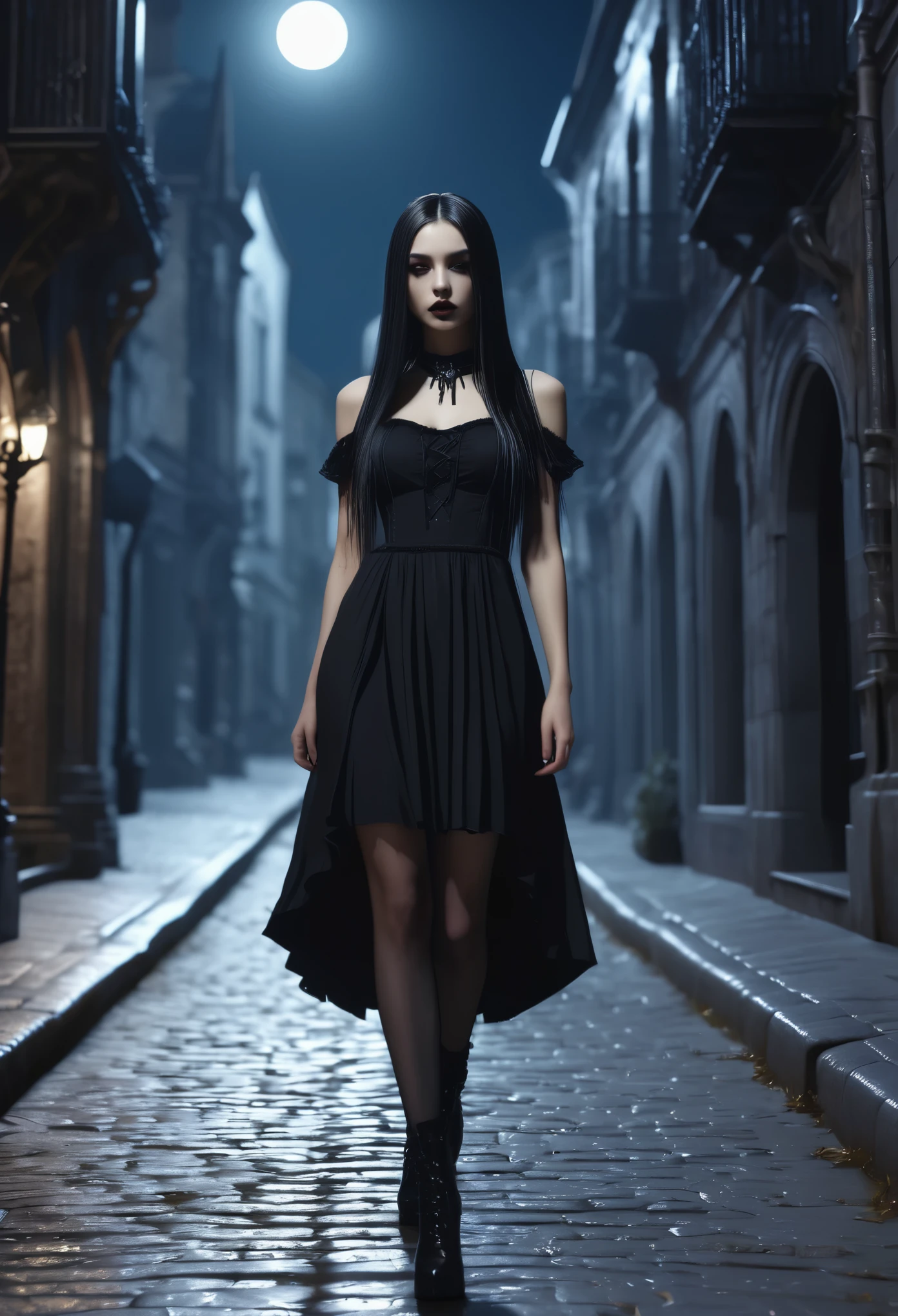 An ultra detailed, a beautiful goth girl with long straight hair in a short black dress is walking through a gothic city, moonlight, gothic fashion, dark fantasy style, hyper realistic, realism, digital art, cinematic, perfect contrast, high sharpness, depth of field, ultra detailed photography, global illumination, smooth, ultra high definition, 8k, unreal engine 5, ultra sharp focus, award winning photograph