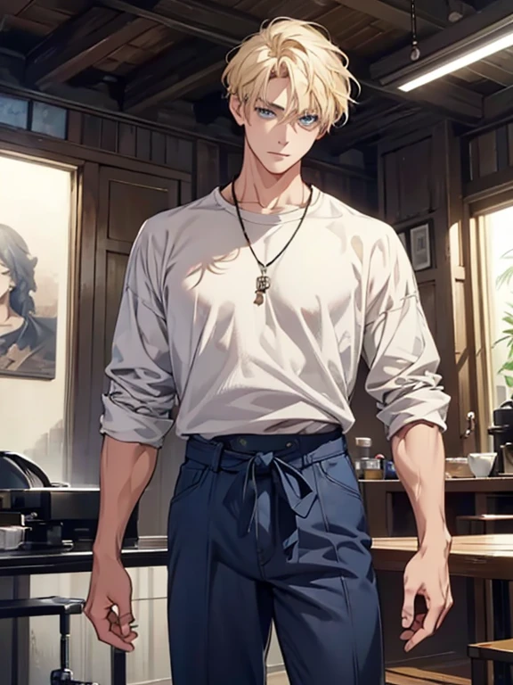 (1 man), solo, detailed eyes, {{{masterpiece}}}, {{{best quality}}}, {{ultra-detailed}}, {illustration}, {detailed eyes}, {detailed light}, {waist up}, subject: [1 male, 30 years old, solo, adult, tall, very handsome, popular, hair (short, blonde), blue eyes, slightly muscular], modern attire (casual clothes, comfortable clothing)