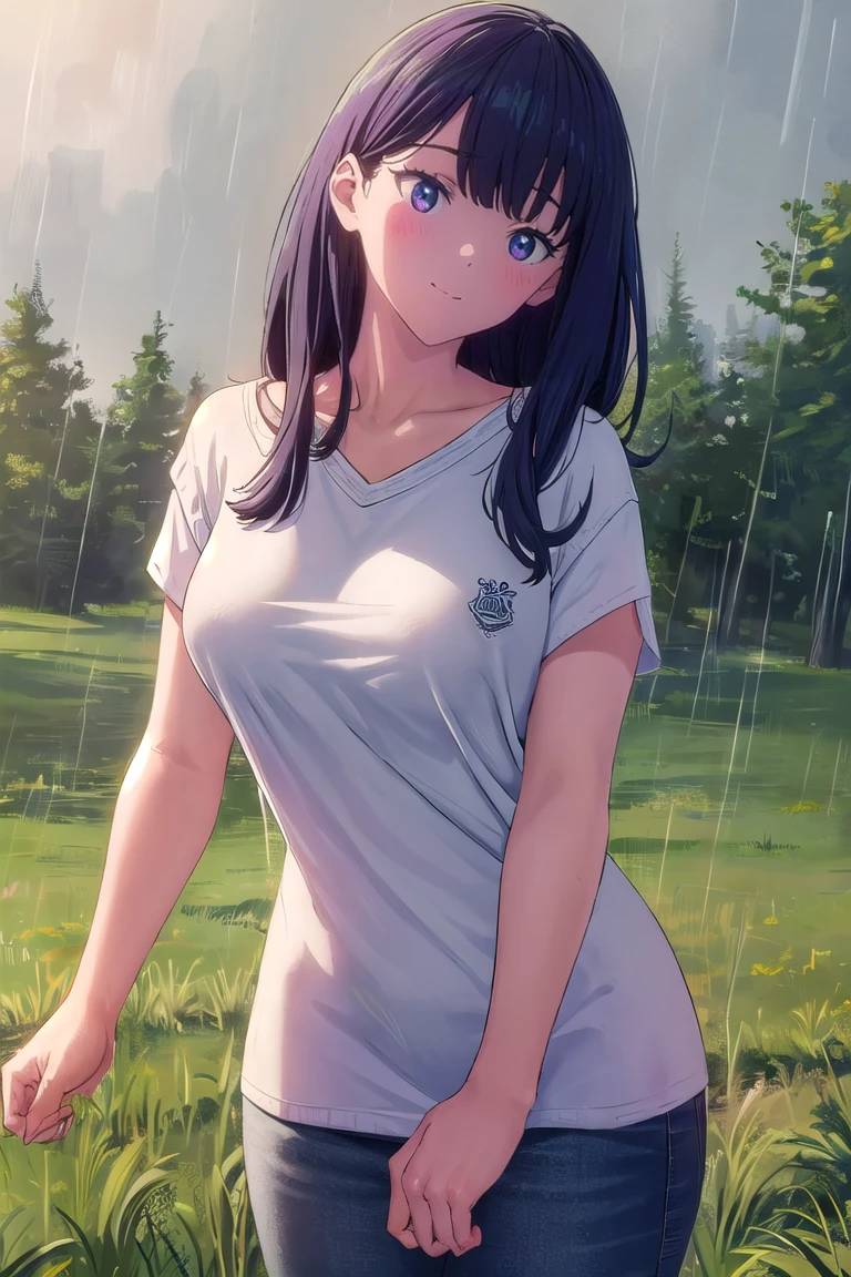 masterpiece, best quality, outdoors, field, grass, forest, rain, water drop,
1girl, solo, looking at viewer, cowboy shot, leaning forward, head tilt, shirt, blue shirt, collarbone, short sleeves, t-shirt, off shoulder, oversized shirt, naked shirt, oversized clothes, see-through silhouette, see-through shirt, large breasts, covered nipples, 
