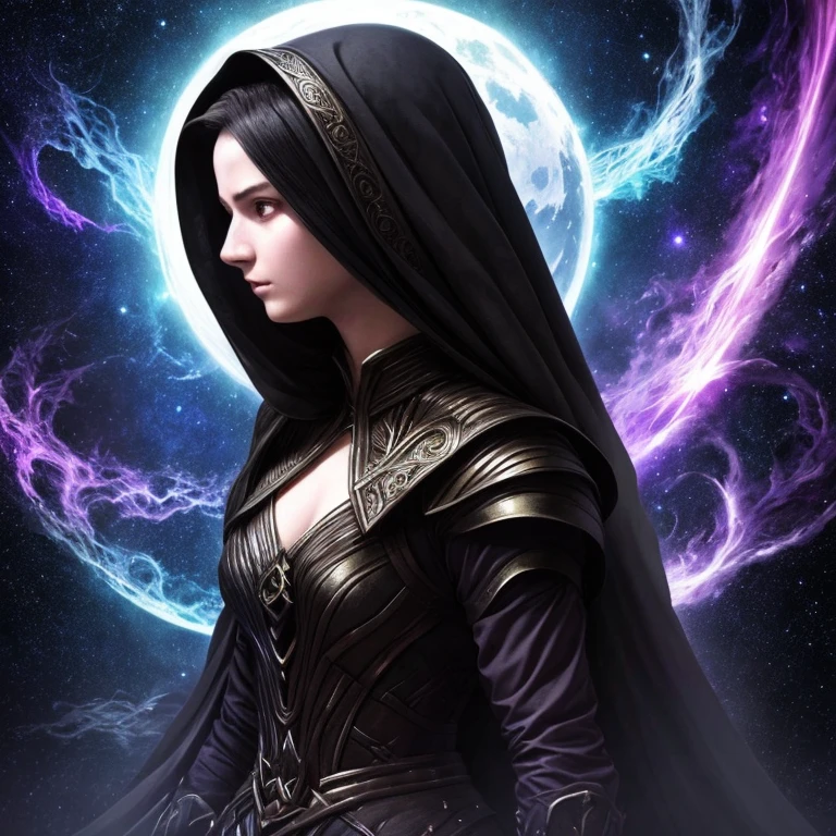 Ethereal Ghostly princess, mournful lady, malevolent, creature of the night, fighting in the battlefield casting a dark spell, dark energy aura, full figure portrait, three quarter wiew, masterpiece, 8k resolution, warp space background, Caravaggio art, digital art