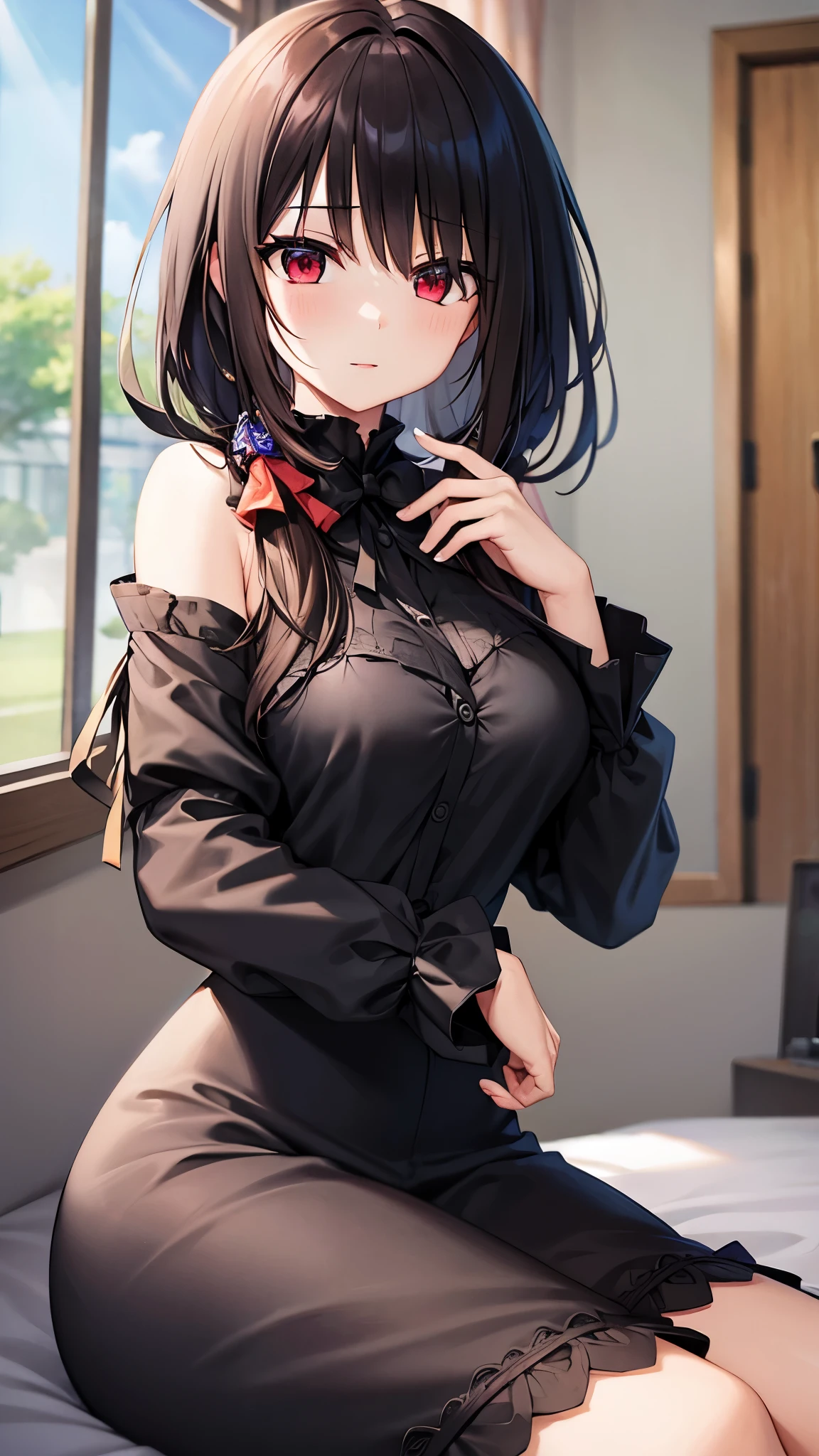 (((masterpiece))),(((best quality))),(((extremely detailed))),illustration,who, (masterpiece, top quality, best quality, official art, beautiful and aesthetic:1.2),(8k, best quality, masterpiece:1.2), KurumiBlack, hair over one eye, low twintails, hair bow, black dress