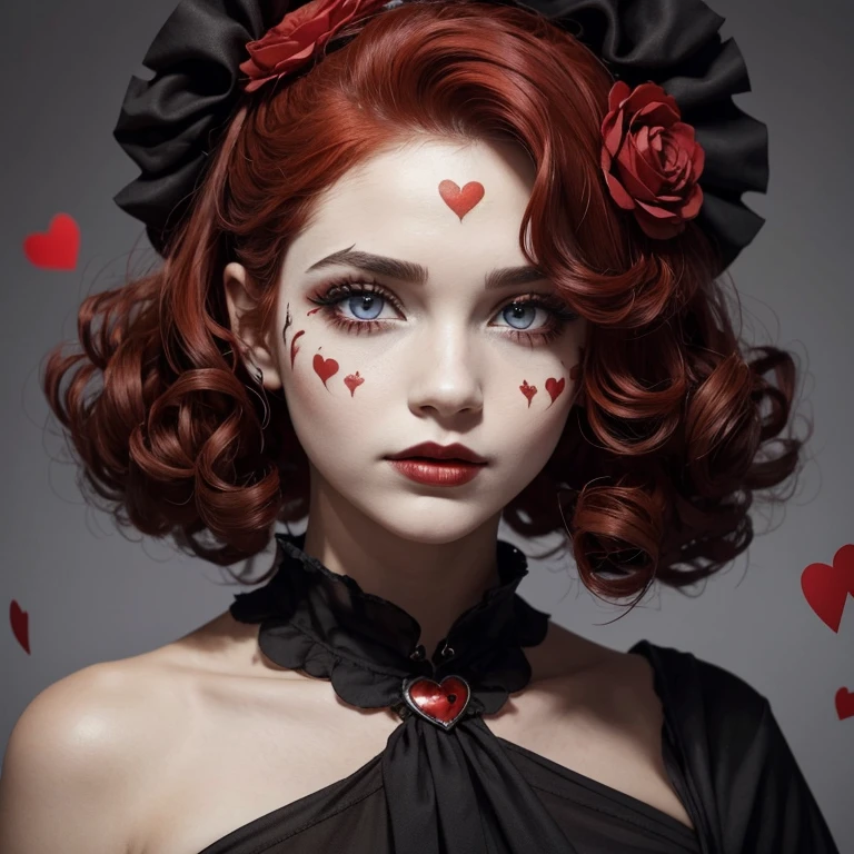 a woman with a red flower in her hair, by reyna rochin, tumblr, skull face paint, beautifull lovely eyes, trick or treat, eyes. dark colors, cute bandaid on nose!!, white face, red hair, great pinterest photo, description, big head, couster, heard on her head, short afro hair, red heart, cards, queen, curly hair