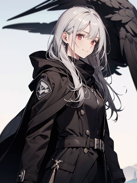 (Confused, High resolution, Very detailed), 1 female, Silver Hair,Long Hair,crow,Crows flying behind,Carried on shoulder,reddish brown eyes,Black hooded pilot coat,Black and white suit,20th generation,Beautiful woman,A shy smile,thin,Are thin,quiet,Calm,Carrying a white crow,Accompanied by many white crows,