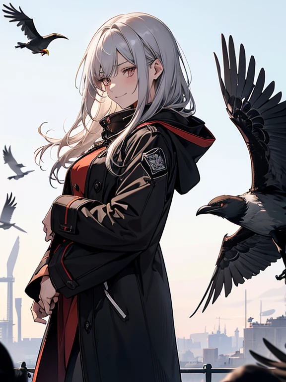 (Confused, High resolution, Very detailed), 1 female, Silver Hair,Long Hair,crow,Crows flying behind,Carried on shoulder,reddish brown eyes,Black hooded pilot coat,Black and white suit,20th generation,Beautiful woman,A shy smile,thin,Are thin,quiet,Calm,Carrying a white crow,Accompanied by many white crows,