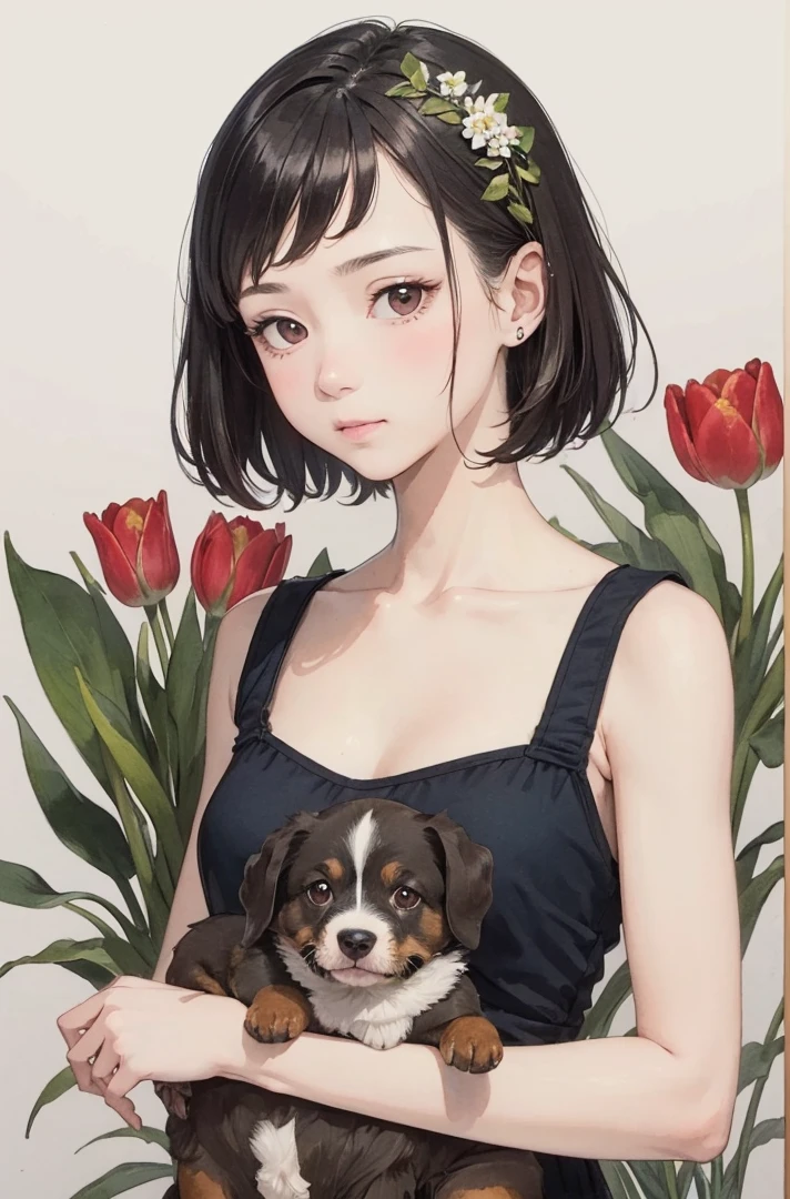 (masterpiece、highest quality、highest quality、Beautiful and beautiful:1.2)、Good anatomy、（watercolor1.5）、（Pigment Thin 1.5）、Drawing of a girl with straight short hair、Holding a brown puppy、Dutch Decoy Spaniel、looking at the camera、put flowers and leaves on your head、Tulips