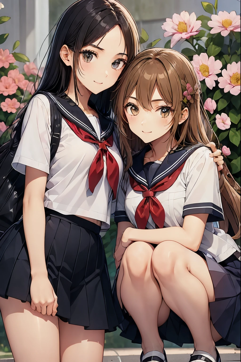 two high school girls、Crouching down in front of a flower bed、Watching the flowers、seductive smile、school playground、