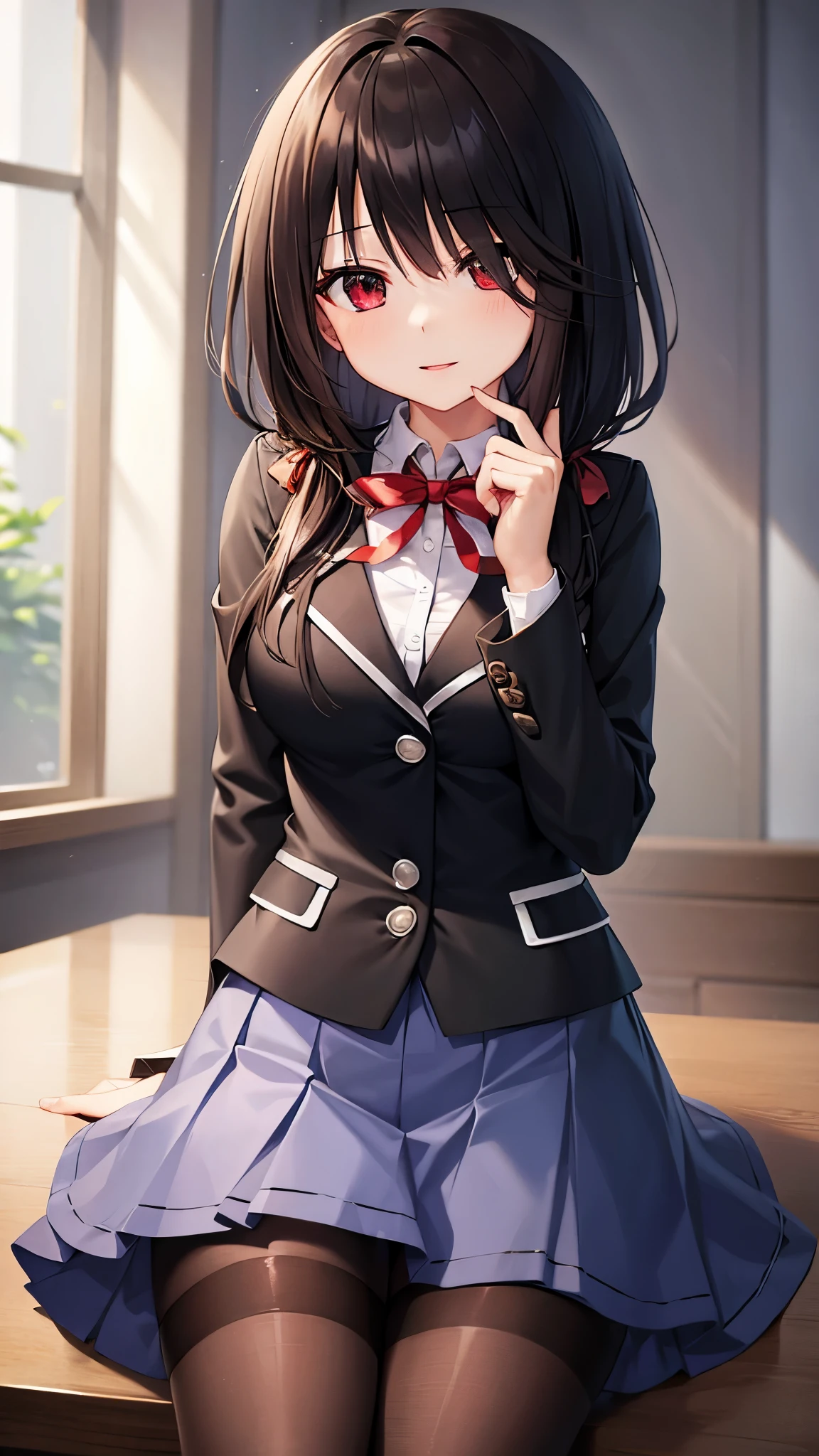 (((masterpiece))),(((best quality))),(((extremely detailed))),illustration,who, (masterpiece, top quality, best quality, official art, beautiful and aesthetic:1.2),(8k, best quality, masterpiece:1.2), KurumiSchool, low twintails, hair over one eye, , black jacket, blue skirt, neck ribbon, black pantyhose