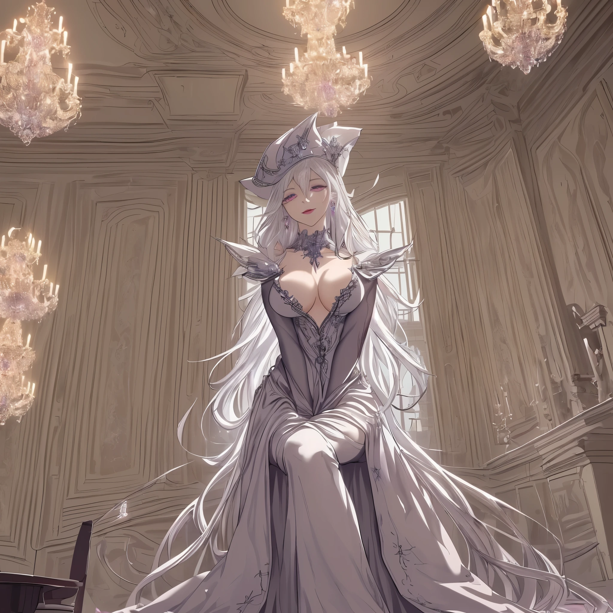 ((masterpiece)),(best quality), ((extremely detailed CG unity 4k wallpaper)),(cinematic lighting), (an extremely delicate and beautiful evil girl:1.3),face, fixed eye, hand fixed (++silver hair++), pink eyes, long hair, jewelry,earrings, :d, maid, silent magician,
Large breast ,(Crystal chandelier), hat ,indoor ,view from below, hand over lab, sitting , crossed leg in detailed, all body , leg fixed,