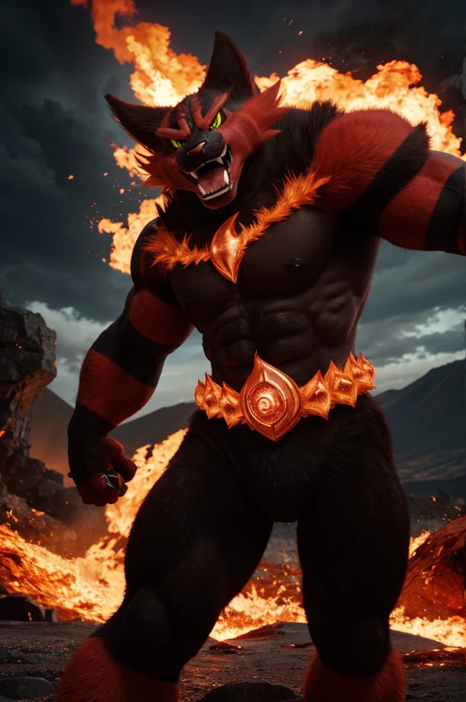 best quality, high quality, very high resolution, ultra detailed, 8k, hyper realistic, Incineroar, pokemon, fighting pose, Glare, Volcano