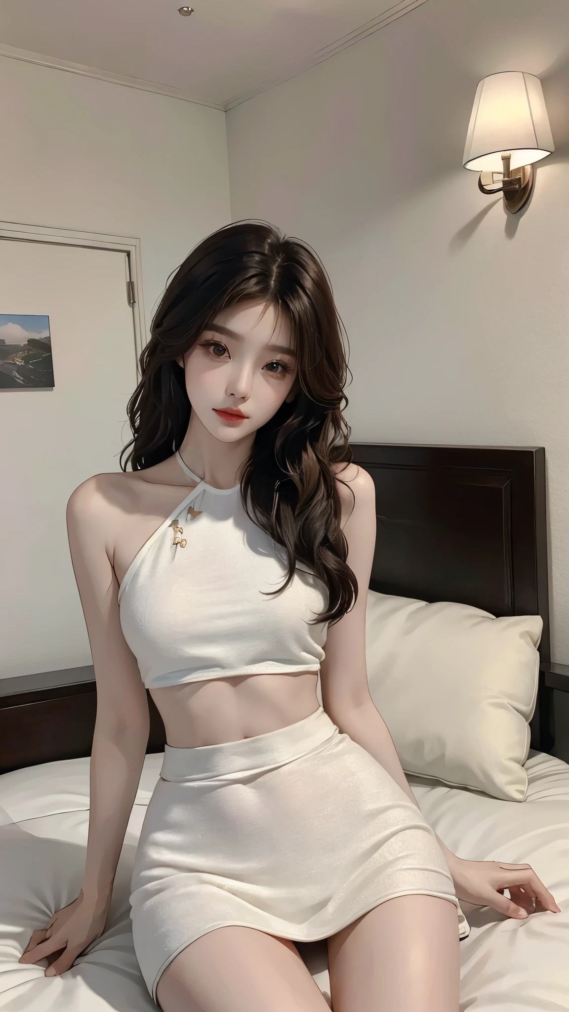 1girl，short skirt，Two piece fashionable outfit,, ((Yushuxin,1 girl,solitary)), warm color, atmosphere, 4K, masterpiece, high resolution, ridiculous, Bare shoulders, Sexy long legs, on the bed, Strike a pose, brown wavy hair, lust, Eye, Shy, Tempting, Sexy pose, Large Breasts, Very detailed face, Light and delicate makeup, Charm and sophistication, attractive pose, beauty, grace, lifelike, Very detailed, Astonishing, beauty的, Young and energetic, Charming model