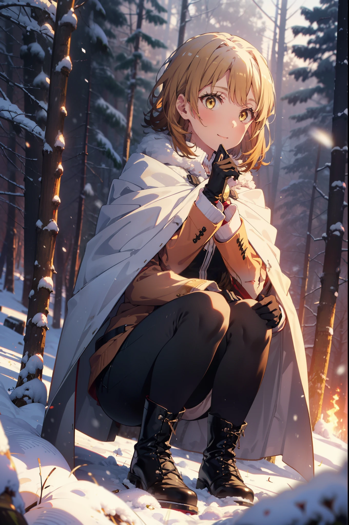 irohaisshiki, iroha isshiki, short hair, brown hair, (Brown eyes:1.5), smile,
Open your mouth,snow, fire, Outdoor, boots, snowing, From the side, wood, suitcase, Cape, Blurred, Food up, forest, gloves, nature, Brown eyes, red gloves, Squat, Mouth closed, フードed Cape, winter, Written boundary depth, Black shoes, red Cape break looking at viewer, Upper Body, whole body, break Outdoor, forest, nature, break (masterpiece:1.2), highest quality, High resolution, unity 8k wallpaper, (shape:0.8), (Fine and beautiful eyes:1.6), Highly detailed face, Perfect lighting, Highly detailed CG, (Perfect hands, Perfect Anatomy),