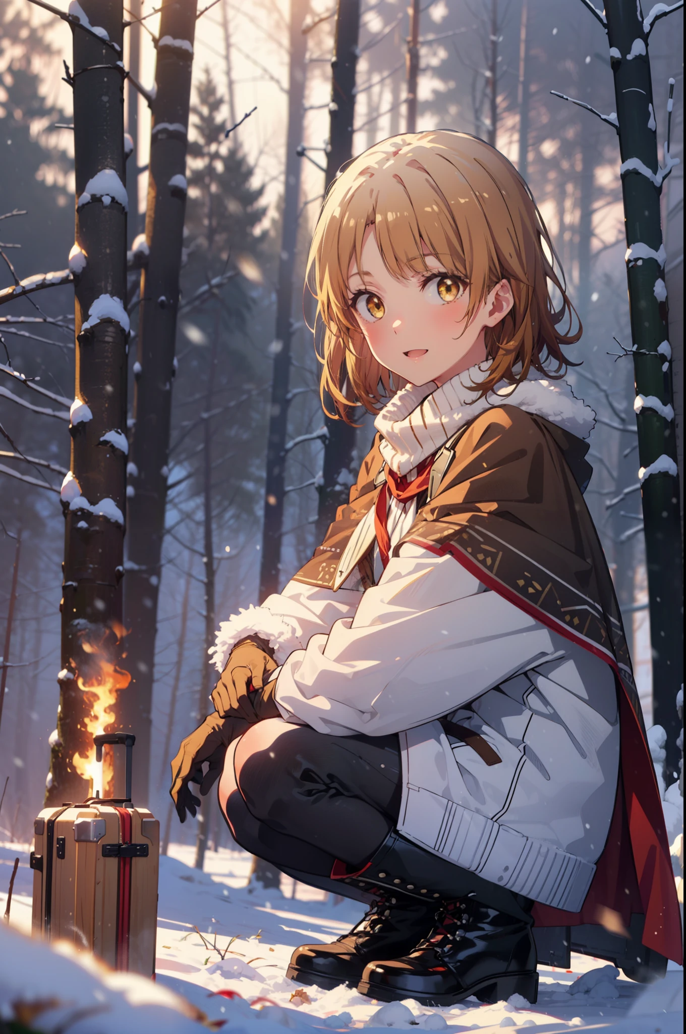 irohaisshiki, iroha isshiki, short hair, brown hair, (Brown eyes:1.5), smile,
Open your mouth,snow, fire, Outdoor, boots, snowing, From the side, wood, suitcase, Cape, Blurred, Food up, forest, gloves, nature, Brown eyes, red gloves, Squat, Mouth closed, フードed Cape, winter, Written boundary depth, Black shoes, red Cape break looking at viewer, Upper Body, whole body, break Outdoor, forest, nature, break (masterpiece:1.2), highest quality, High resolution, unity 8k wallpaper, (shape:0.8), (Fine and beautiful eyes:1.6), Highly detailed face, Perfect lighting, Highly detailed CG, (Perfect hands, Perfect Anatomy),