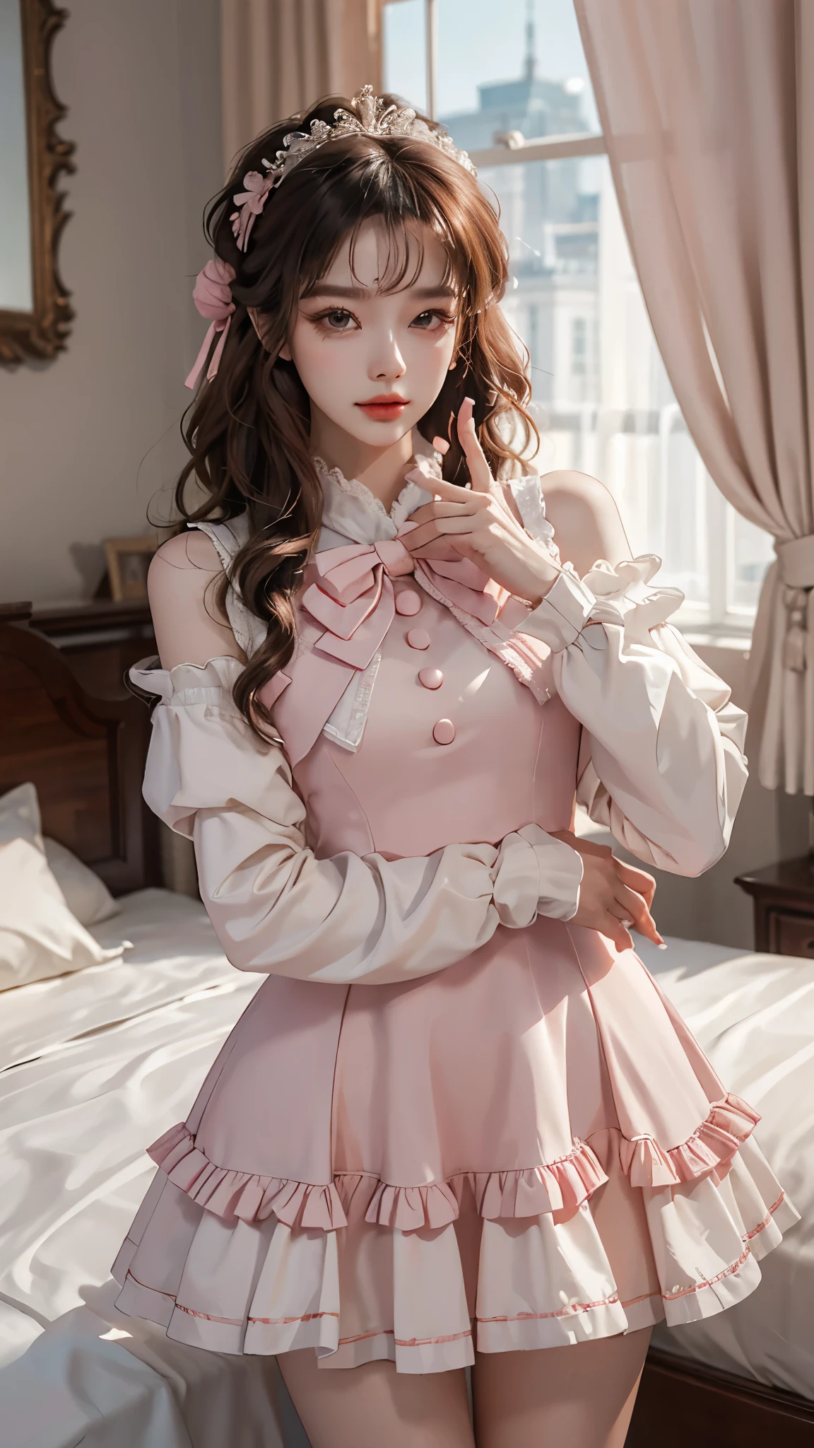 cyb dress, long sleeves, puffy long sleeves, bow,pink dress, ((Yushuxin,1 girl,solitary)), warm color, atmosphere, 4K, masterpiece, high resolution, ridiculous, Bare shoulders, Sexy long legs, on the bed, Strike a pose, brown wavy hair, lust, Eye, Shy, Tempting, Sexy pose, Large Breasts, Very detailed face, Light and delicate makeup, Charm and sophistication, attractive pose, beauty, grace, lifelike, Very detailed, Astonishing, beauty的, Young and energetic, Charming model