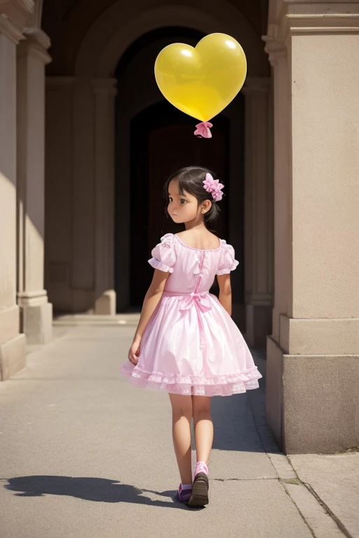 ((holding a ballon)), (((full body))), real photo, 10 years old girl, Brat female , ((looking back at me)), dress shoes,