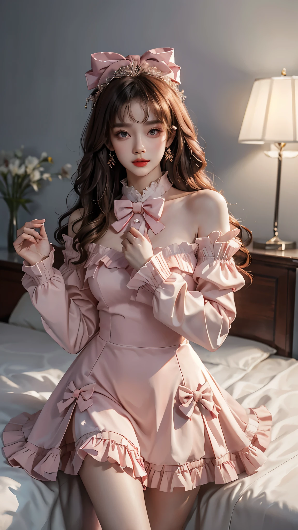 cyb dress, long sleeves, puffy long sleeves, bow,pink dress, ((Yushuxin,1 girl,solitary)), warm color, atmosphere, 4K, masterpiece, high resolution, ridiculous, Bare shoulders, Sexy long legs, on the bed, Strike a pose, brown wavy hair, lust, Eye, Shy, Tempting, Sexy pose, Large Breasts, Very detailed face, Light and delicate makeup, Charm and sophistication, attractive pose, beauty, grace, lifelike, Very detailed, Astonishing, beauty的, Young and energetic, Charming model