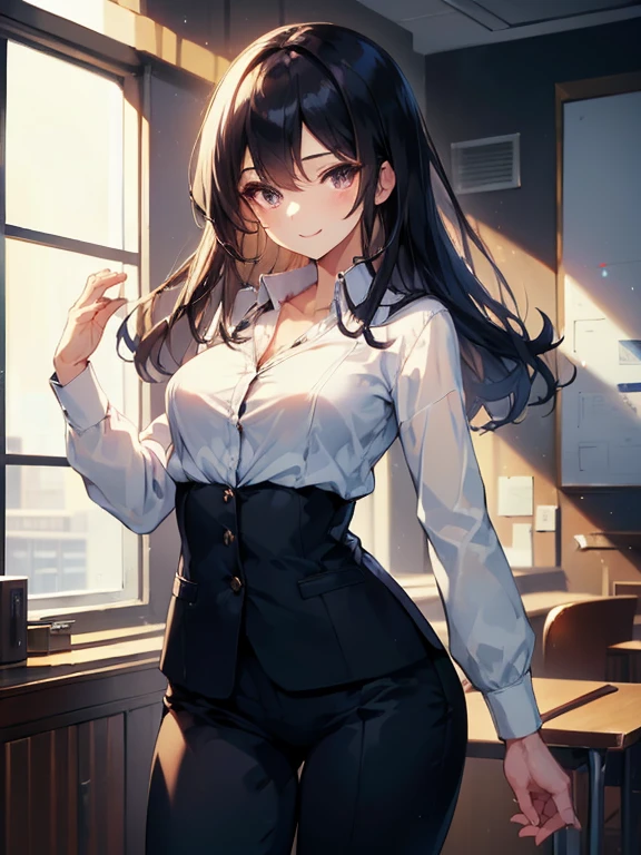 ((highest quality)), ((masterpiece)), ((High resolution)), ((Perfect Face)),office,Mature Woman,career woman,((Very small breasts)),((Small breasts)),business_blouse,Open collar,Chest turbulence,skinny pants,Medium_Straight Hair,Black Hair,A confident smile,whole body,
