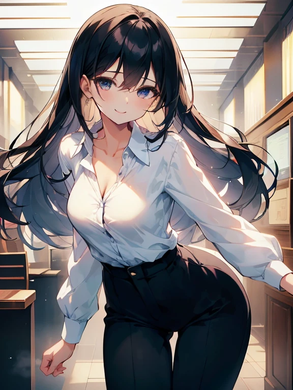 ((highest quality)), ((masterpiece)), ((High resolution)), ((Perfect Face)),office,Mature Woman,((Very small breasts)),((Small breasts)),business_blouse,Open collar,Chest turbulence,skinny pants,Medium_Straight Hair,Black Hair,A confident smile,whole body,