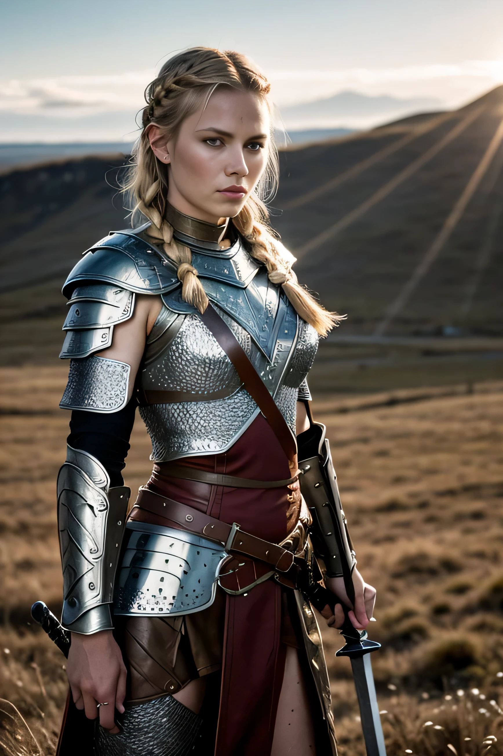 Masterpiece, a beautiful Viking woman, ((Charlize theron: Charlize theron:0.5)), (chainmail armor), (medium breasts), (perfect body), (blonde matted hair), (dutch braid hairstyle), holding a sword, outside, dirty, spattered with blood,(skin texture:1.1), best quality, ultra high res, Raw photo, Nikon D850, backlight, rimlight, bright sunlight, film grain:1.2, (warm hue, warm tone:1.2), (color photo), fantasy battlefield background
