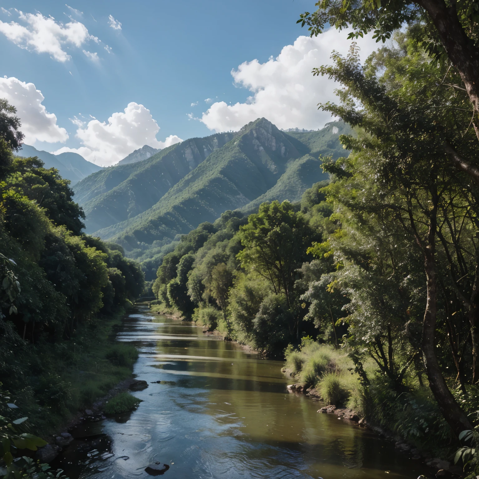 A mighty river in the middle of a deep jungle in the sky birds and in the distance mountains in the mountains and trees figures with almost impermeable faces 