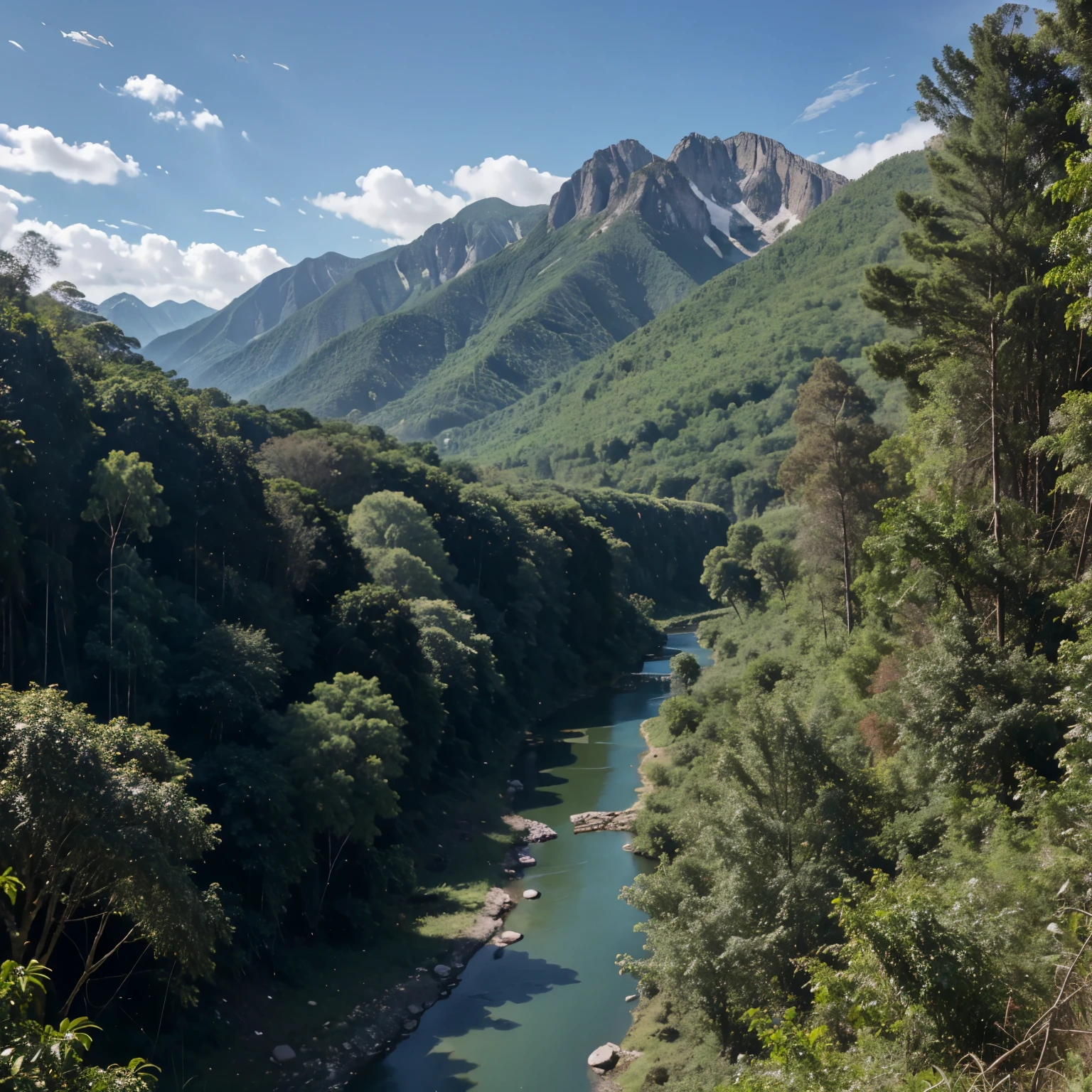 A mighty river in the middle of a deep jungle in the sky birds and in the distance mountains in the mountains and trees figures with almost impermeable faces