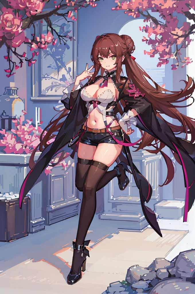 (masterpiece, highest quality, Ultra-detailed), (Detailed face), (Perfect Face), (fantasy background:1.5), (1 Girl), One-handed hip stand, An exciting smile:1.5, brown hair, Disheveled Hair, Long Hair, Bun Hair, Twin tails, hair ornaments, leather jacket:1.2, hot pants:1.2, high knee socks:1.5, big breasted, slightly fat big breasts, Plump, Shopping, 