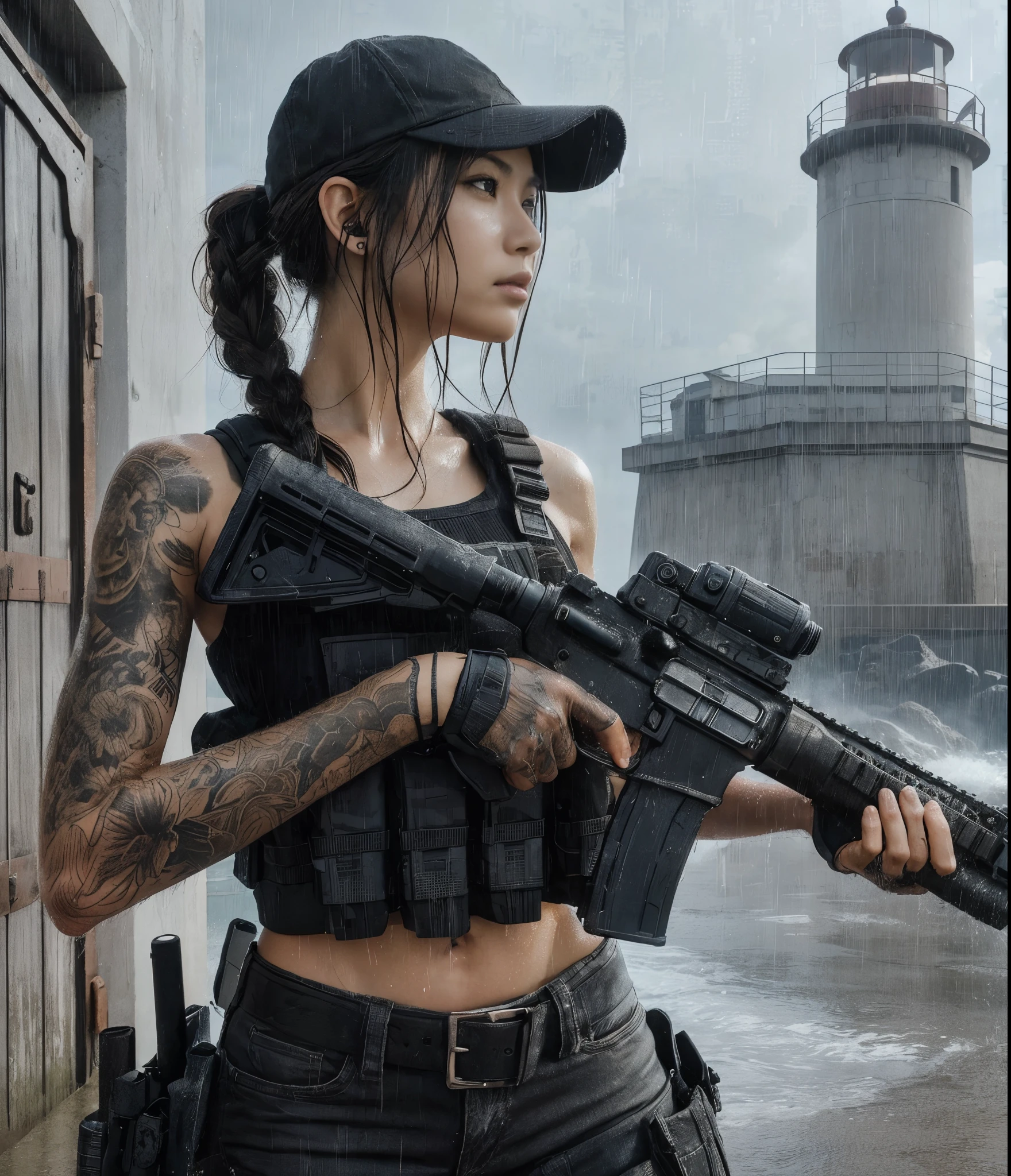 (best quality,8k,realistic,photorealistic:1.2),realistic skin texture,beautiful Japanese-American Navy SEALs female member,assault rifle,assault team,lighthouse on a cliff overlooking a cove,storming in,cap,braided hair,military pants,boots,dynamic pose,tattoo,drenched in heavy rain,rainwater streaming down the face,toned physique,muscles,anger,daring composition,Portraits,cool color tones,dramatic lighting.