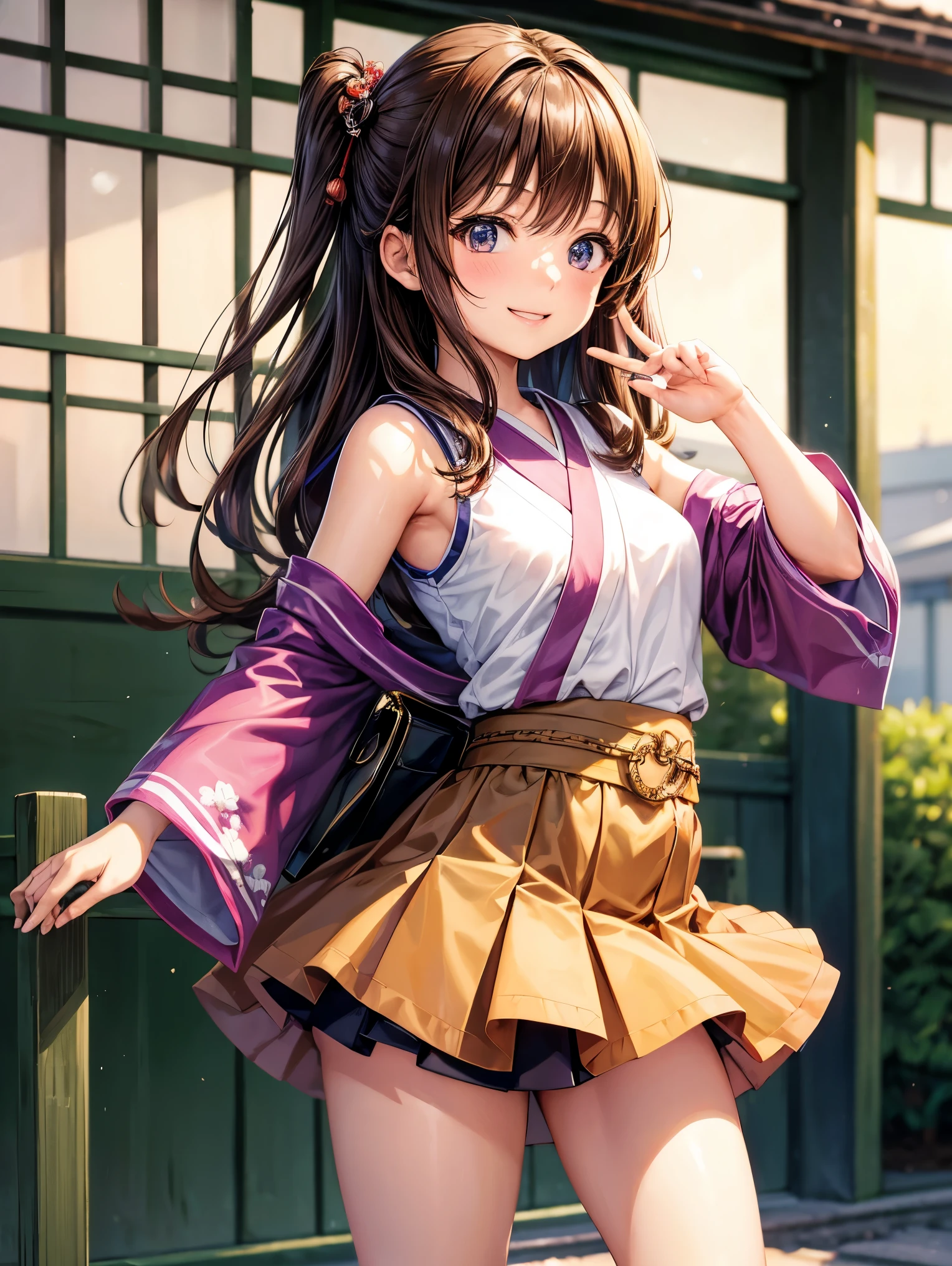 highest quality,best image,Japanese,Small breasts,Brown hair long,Elementary school girl,Beautiful girl,smile,No sleeve,mini skirt