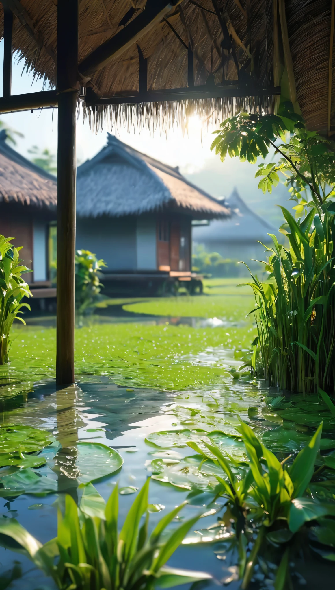 There was a man walking through a peaceful rice field.、The scene is set against a backdrop of quaint huts and vast rice fields.。Neatly lined rice seedlings stretch as far as the eye can see.、Drops of dew sparkle in the morning sun.。The pleasant aroma of fresh rice、The quiet sound of water droplets pooling in the pool。The misty rain、Covering the nearby villages、Covering the thatched roof with a delicate layer of moisture、Adds an ethereal charm to your landscape。The weather is cool and surreal.、Adds an otherworldly charm。