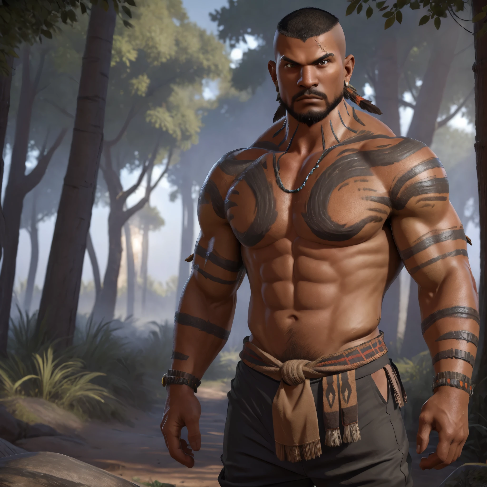 hyperrealistic, (masterpiece), high details, ultra-realistic, ((octan light)), 32k, | high resolution, photo-realistic, ultra clear, bokeh, high detail iconic character, highly detailed character, unreal engine, 8k, | solo, an exaggeratedly muscular and large bodyguard, beefy build, huge pectoral, beard, dark-skinned african american male, very short buzzcut hair with square line, (worried expression: 1.2), ((wearing tribal warrior attire, tribal pants): 1.5), (bara pecs: 1.3), (arm and chest hair: 1.1), portrait HD, dutch angle, (forest)