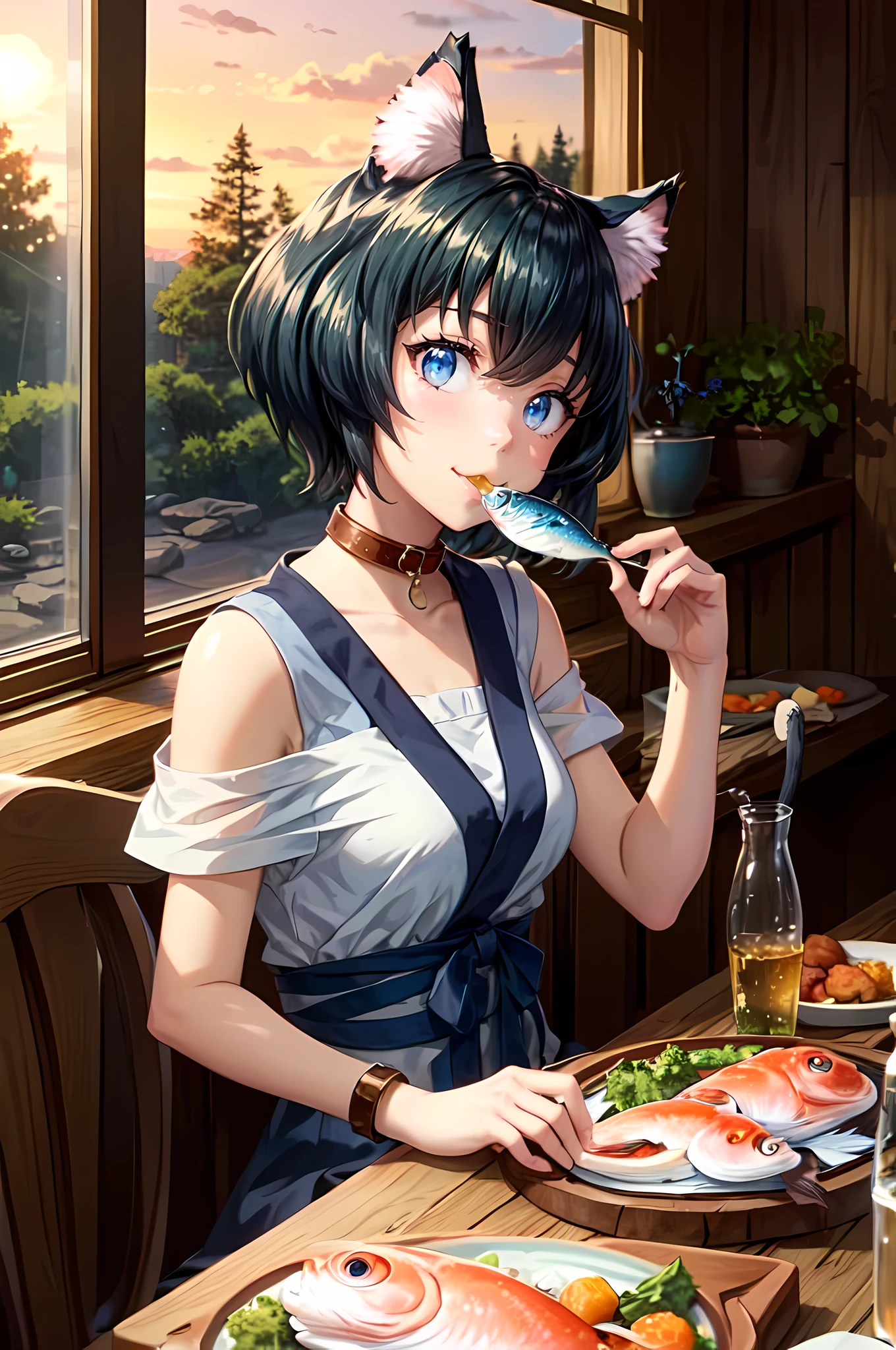 (masterpiece), (high_quality:1.3), Miria, cat ears, cat_girl, ((blue)) ((cat tail)), collar, (:3), (happy), sitting, (holding_food), (((eating))) (((fish))), indoors, wooden_house, dining room, looking_at_viewer, morning, sunrise, forest, anime