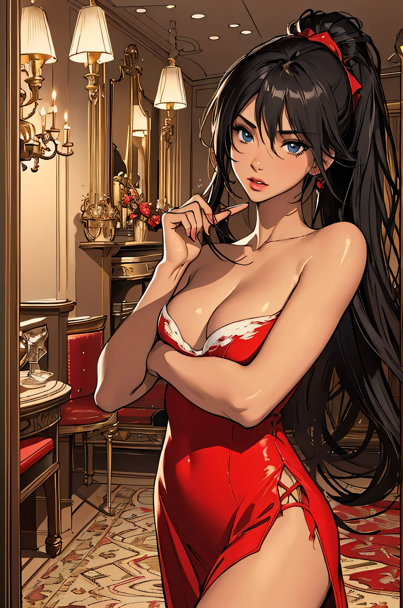 (masterpiece, top quality, best quality, official art, beautiful and aesthetic:1.2), young (1girl:1.3), (wearing torn red dress:1.3), (hair between eyes:1.3) hair, long black ponytail, (colorful blue eyes, tan skin:), extremely detailed, colorful, (highly detailed CG illustration), (looking at viewer), cinematic light, solo, half body, (character focus), ),, extravagant makeup, full lips, sexy pose, clothes ASIDE , used condoms, partially naked, shiny skin, red lingerie, tan skin, slender body, athletic