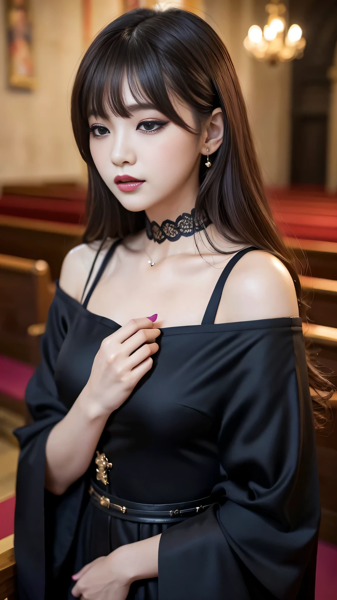 best quality、ultra-detailed、8k、Japanese、Japanese、Seductive beauty、seductive adult woman、Pretty Woman、cool girl、smirk、Wicked Smile、Villainess、brainwash makeup、Brainwashed、brainwash、Fallen into evil、Evil look、evil、Brown hair、wavy hair、swept bangs、dark makeup、piercing eyes、hollow eyes,half-closed eyes、Hollow Eyes、purple Eyeshadow、black lipstick、black lipglos、black elegant dress、wide sleeve、Black flared skirt、skin color pantyhose、stockings、night、inside church、Are standing、Look、Offer、shoot from below、Swear allegiance、I have pledged my allegiance、