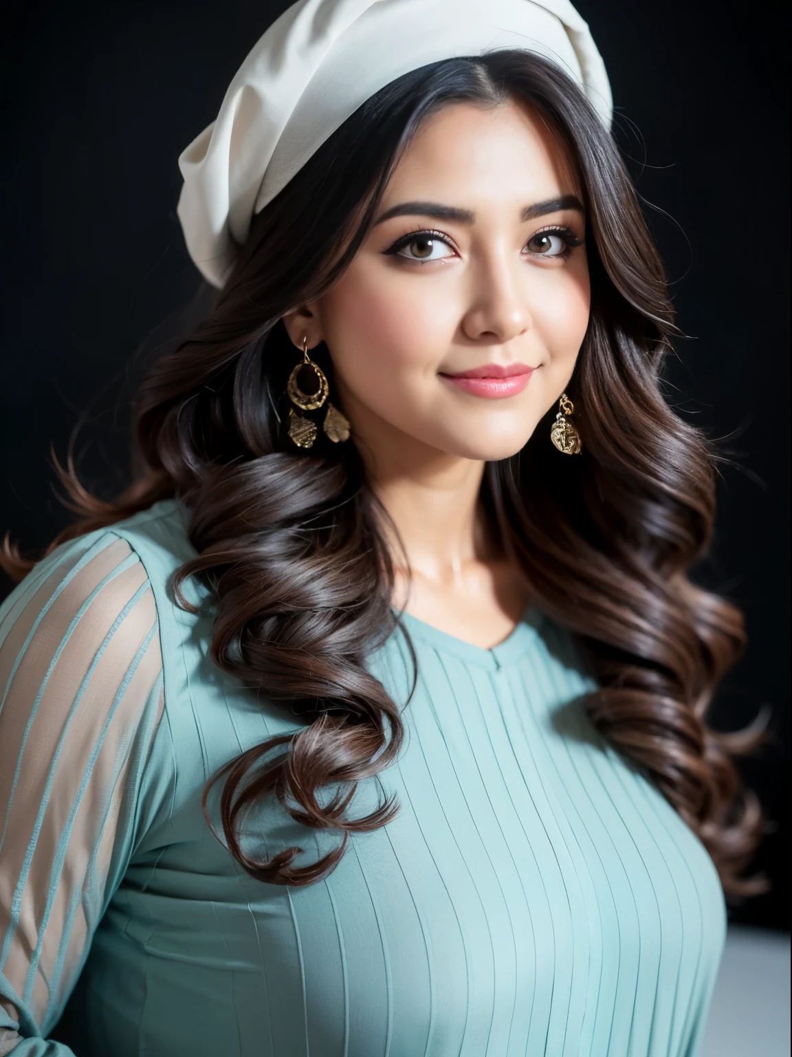 Portrait of a confident-looking woman with long, thick hair, des yeux noisette, a longshoreman , un sourire sur le visage, un regard vigoureux,  wears a beautiful full kurti dress,poitrine en bonnet C, Composition parfaite, hyperréaliste, super detailed, 8k, high quality, , sharpness, photographie en studio, intricate details, Very detailed,