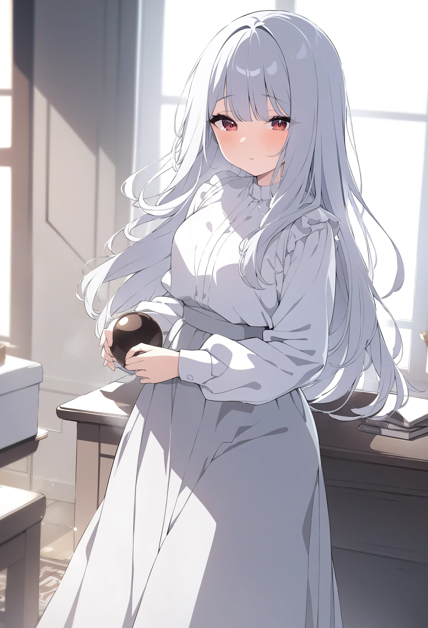 red eyes, silver long hair, modest, long skirt, modest blouse, angelic, 4k(1.3), masterpiece, award winning, anatomically correct,